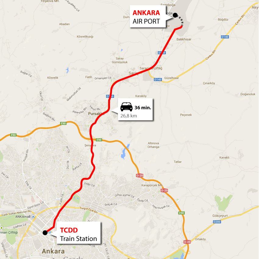 Ankara Havalimanından Ankara Tren Garına yol tarifi