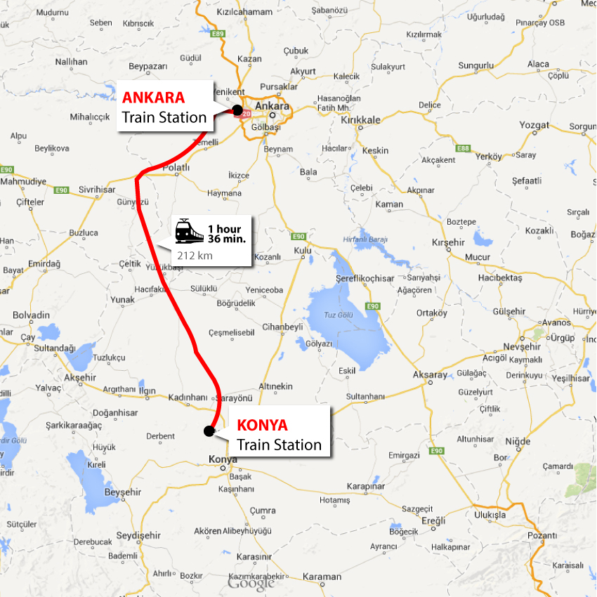 Ankara Tren Garından Konya Tren Garına yol tarifi